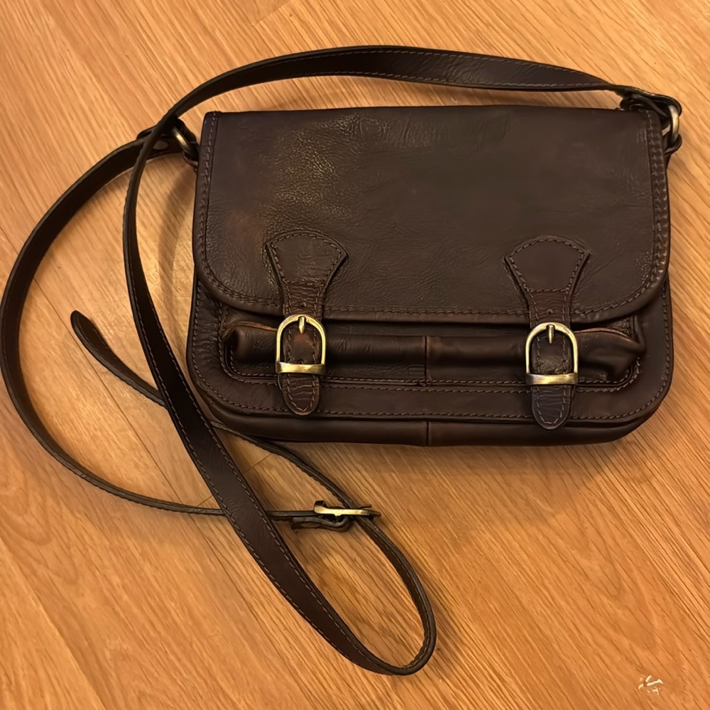 Vintage Vera Pelle Dark Brown Leather Crossbody Bag with Gold Buckles